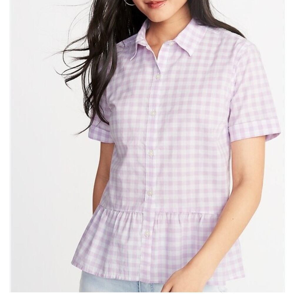 Old Navy Pink checkered Button Up peplum women’s shirt Sz. XL cotton NWOT